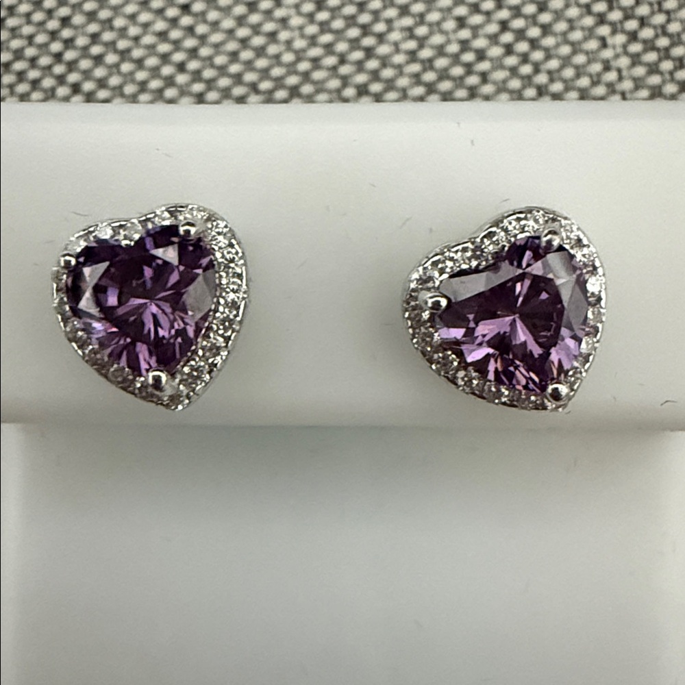 Elegantly crafted Heart-Shaped earrings. Amethyst and 
 Pavé Halo design
.